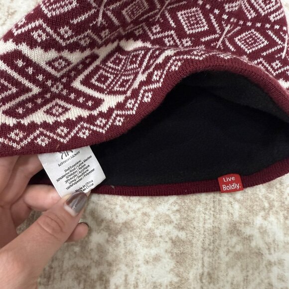 Krimson Klover Hat Beanie Pom Pom Womens One Size Burgundy White Fair Isle Wool - Picture 3 of 8